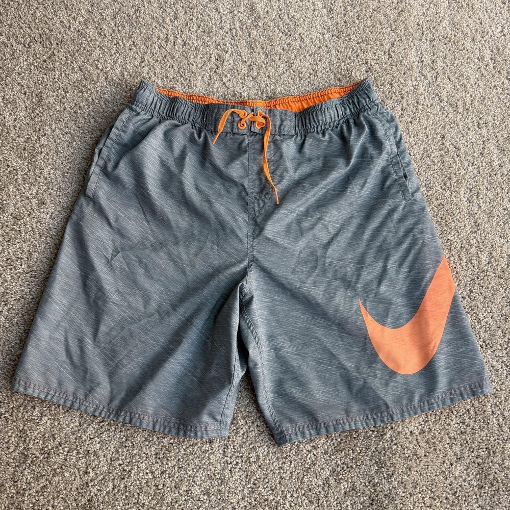 Nike Swim Shorts Mens Large Gray Woven Elastic Waist Lined Swoosh Surf Trunks